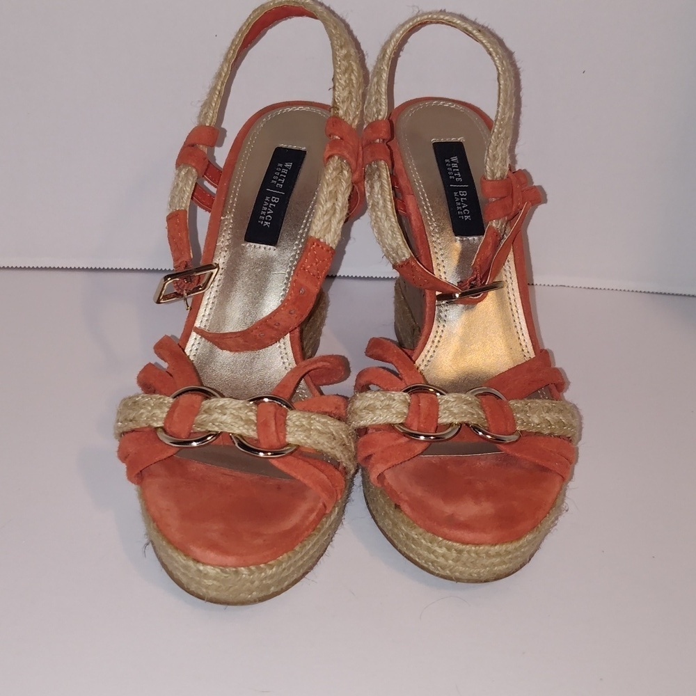 White House Black Market Juniper Leather/Cork Wedges Orange 6 1/2 Women's - Picture 5 of 9